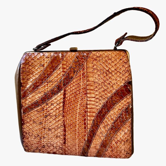 Vintage Snakeskin Handbag Structured Top Handle Clasp Purse Pocketbook - Picture 4 of 13